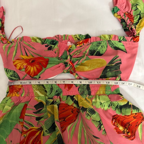 Peach floral print high waisted wide leg pants off the shoulder crop top set - Picture 8 of 10